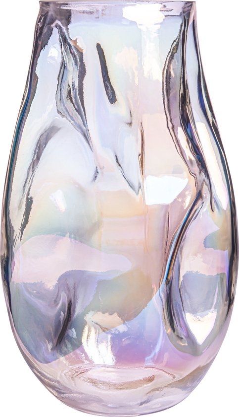 QUVIO Glazen vaas - Ingedeukt design - Decoratieve vazen - Bloemenvaas - Parelmoer vaas - Maat L - Glas - Iriserend