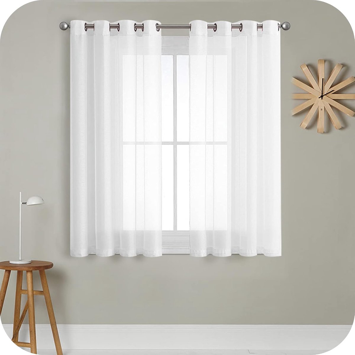 PolkaHome Transparant voilegordijn, 175 cm lang, 2 panelen, linnenlook, met zeilringen, voor slaapkamer, woonkamer, terrasdeur, 140 x 175 cm, wit