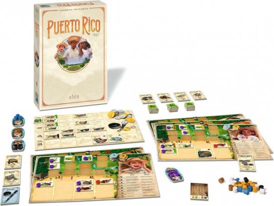 Bordspel Puerto Rico met spelbord, kaarten en fiches.
