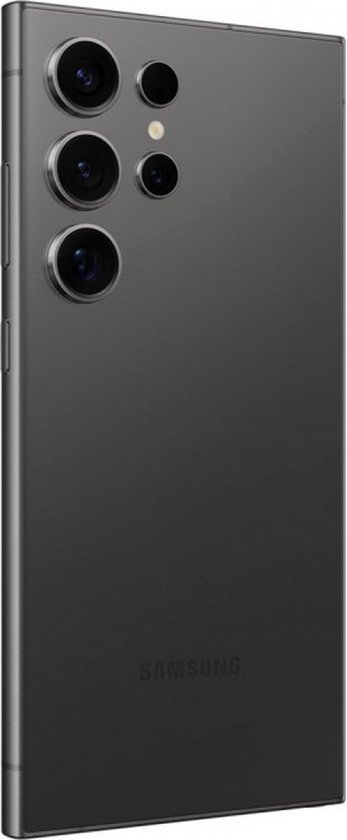 Hoek van een donkergrijze Samsung Galaxy S24 Ultra, met 5 camera's aan de achterkant.