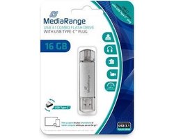 MediaRange USB Stick 16GB | Combo USB 3.2 Gen 1 met USB-A en USB Type-C | Zilver