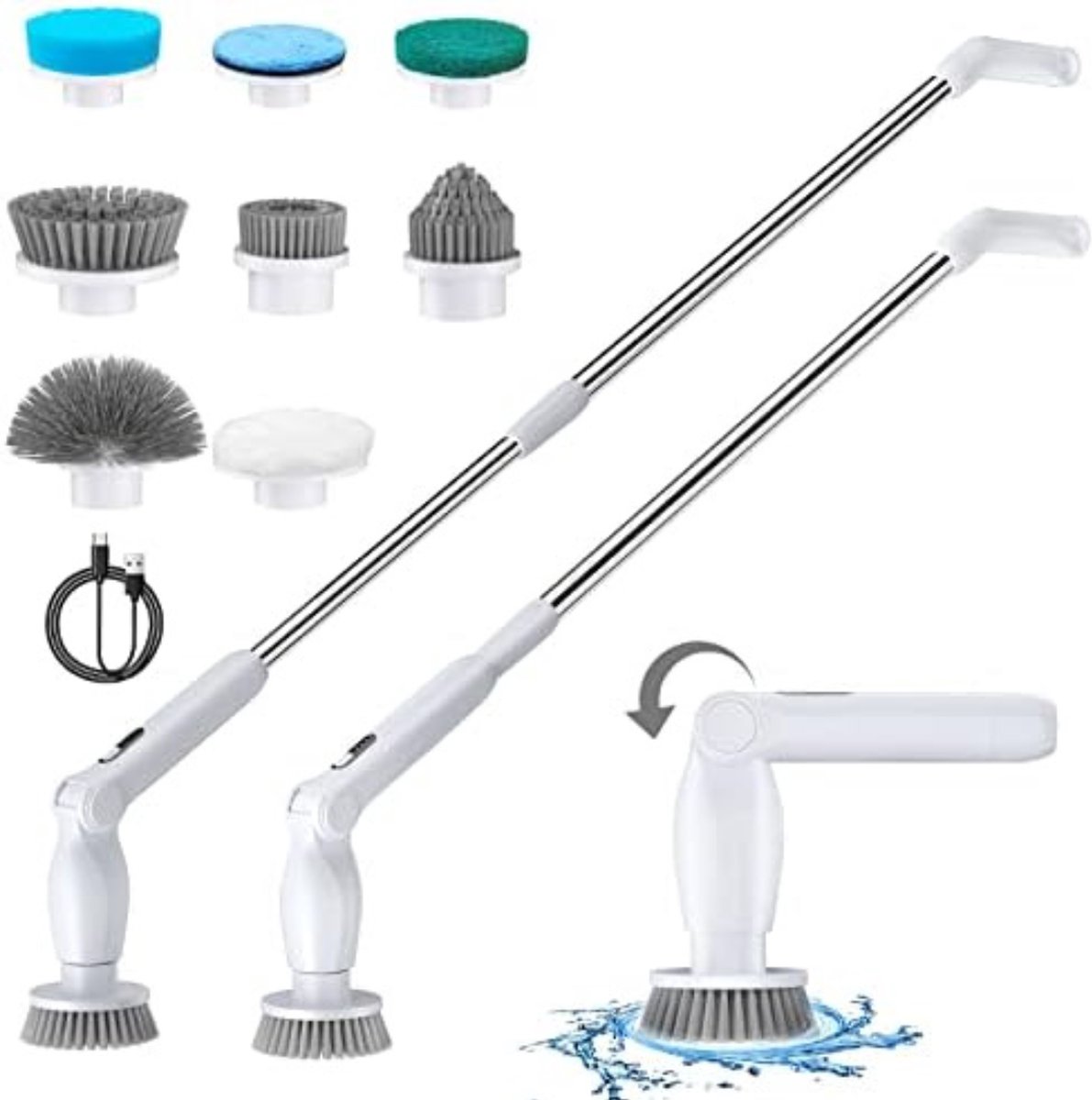 Goedkoopste Solacis - Elektrische schoonmaakborstel - Elektrische schrobborstel - Reinigingsborstel - Scrubber - 3 verstelbare lengtes - Oplaadbaar - Diverse opzetstukken - Wit