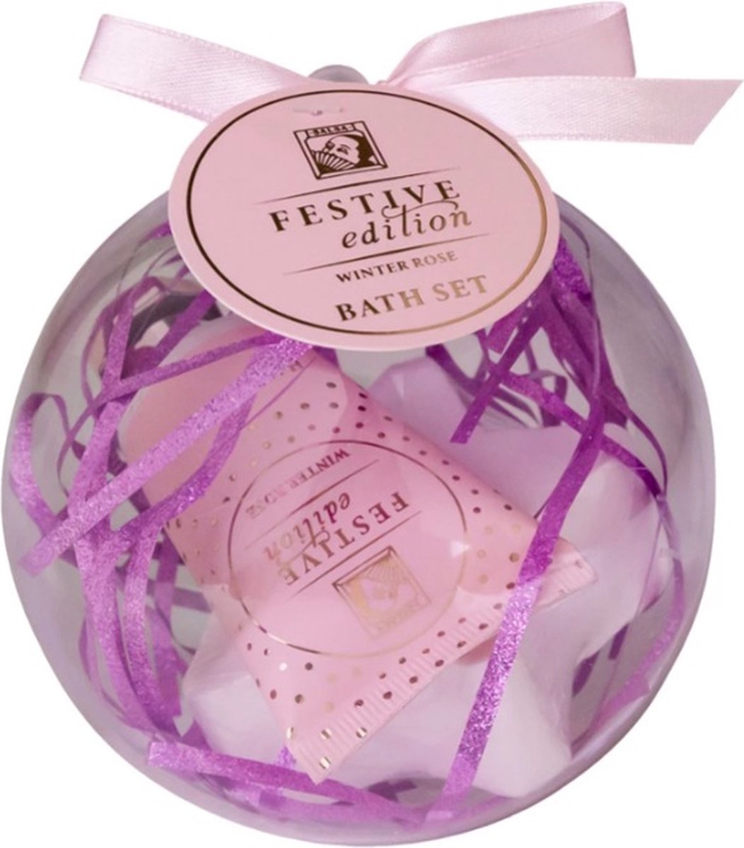 Goedkoopste Festive edition - Winter rose bath set | Badset in bolvormige box | Cadeauset | incl. 30ml handcrème, 80g badbruisster | Parabenenvrij | Vegan Friendly | 2 Producten in 1 Cadeau|
