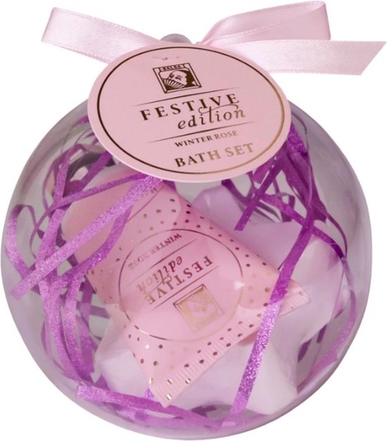 Festive edition - Winter rose bath set | Badset in bolvormige box | Cadeauset | incl. 30ml handcrème, 80g badbruisster | Parabenenvrij | Vegan Friendly | 2 Producten in 1 Cadeau|