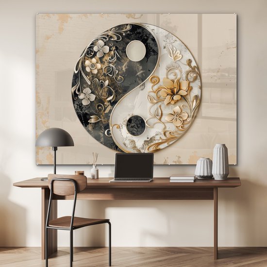 MuchoWow® Tableau sur verre 160x120 cm - Tableau sur verre acrylique - Yin Yang - Fleurs - Zwart - Wit - Vintage - Photo sur verre - Décoration murale salon - Décoration murale chambre - Peintures