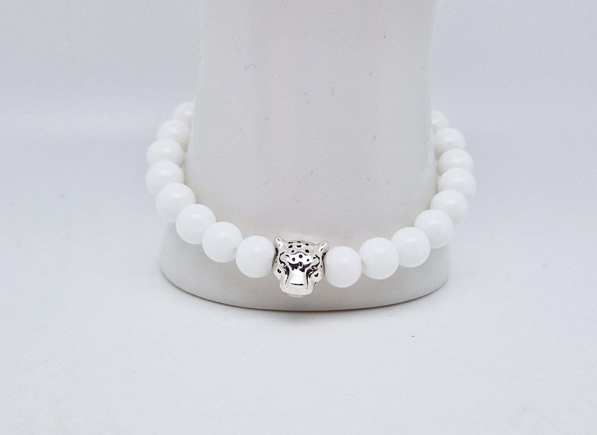 Handgemaakte natuursteen armband met Metalen vorm - Model 15 - "Witte agaat" -8 mm diameter van de korrel- Diameter armband 20 cm - Een mooi cadeau voor familie en vrienden
