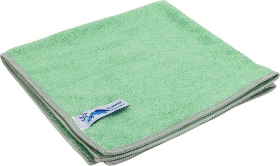 Chiffon vert en microfibre avec bordure grise et étiquette Flipper, plié.
