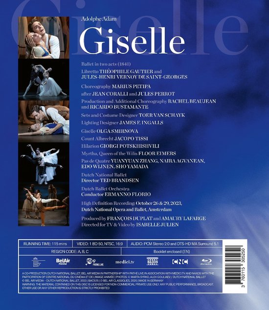 Montage van scènes uit de balletvoorstelling Giselle: dansers in kostuums, op het podium en in groepsverband. Titel: Giselle.