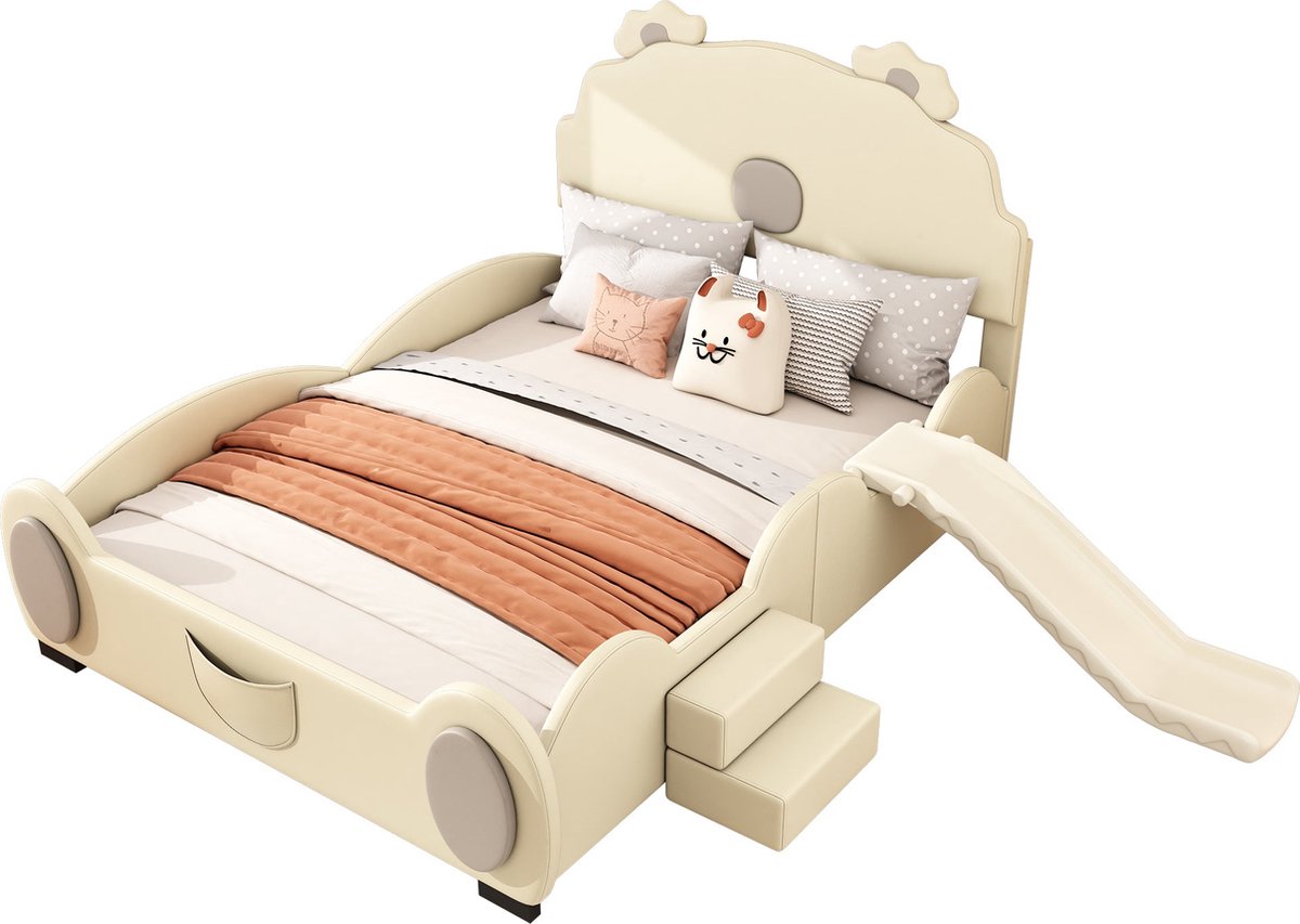 Merax Kinderbed 140x200 cm Berenbed met Rutsje en Ladder - Beige - Kunstleer