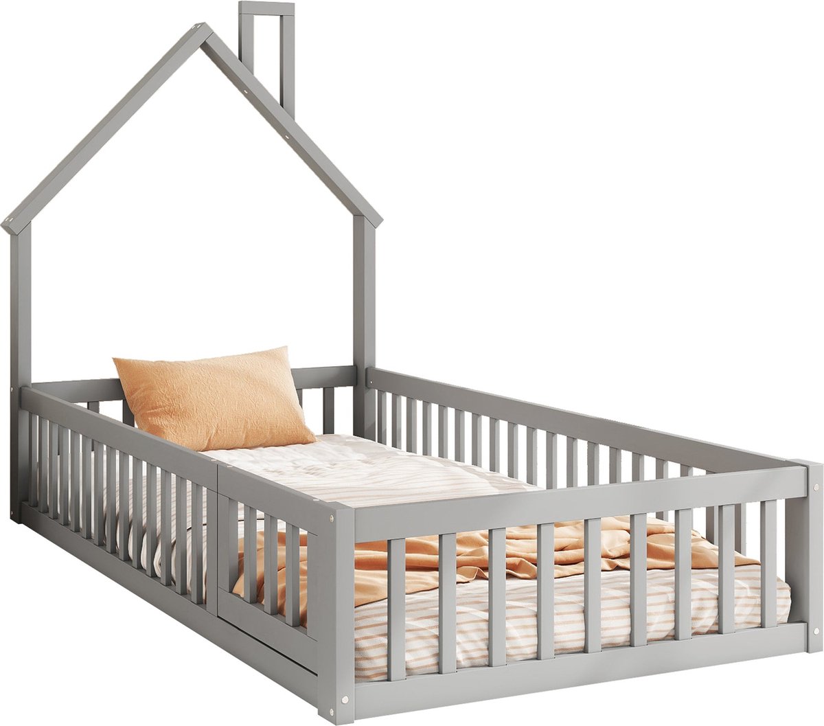 Merax Kinderbed in Huisvorm met Schoorsteendetail - 90x200 cm - Houten Lattenbodem - Grijs