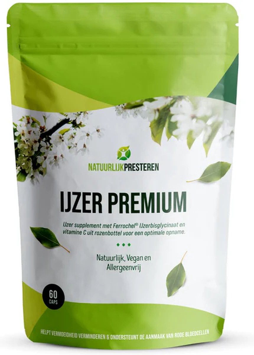 Goedkoopste IJzer Premium - Ferrochel® - IJzerbisglycinaat - Vitamine C uit Rozenbottel - 60 IJzer Tabletten / Capsules