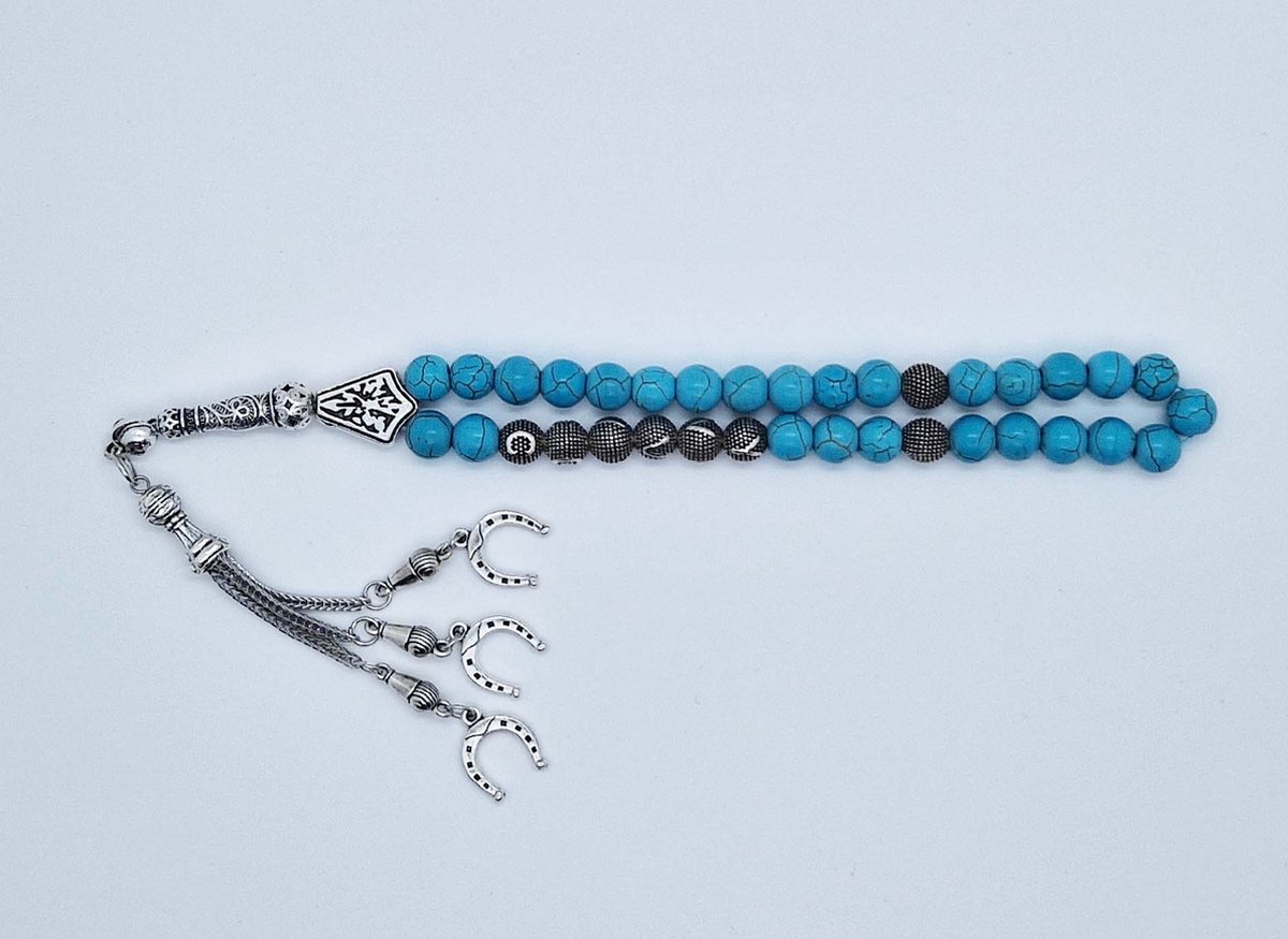 Handgemaakte naam tasbih 33 Kralen Natuursteen “Turkoois” - met metaal tassel “Hoefijzer"- Met je naam of de naam van uw geliefde- 8 mm diameter van de korrel