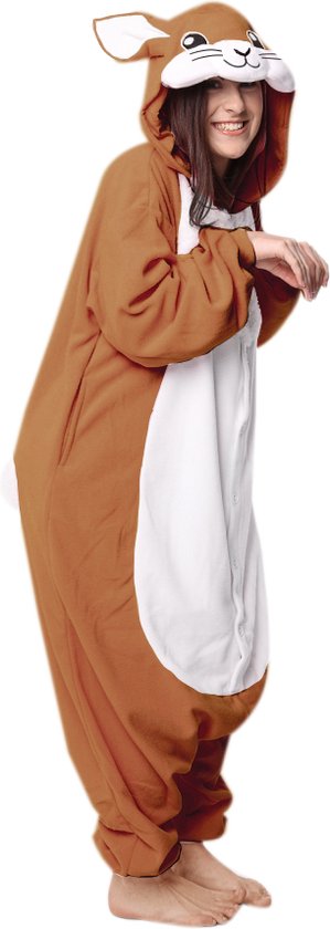 KIMU® Onesie Bruin Konijn Pak - Maat XS-S of 152-158 - Konijnenpak Kostuum Haas Paashaas - Huispak Dierenpak Pyjama Jumpsuit Dames Heren Festival