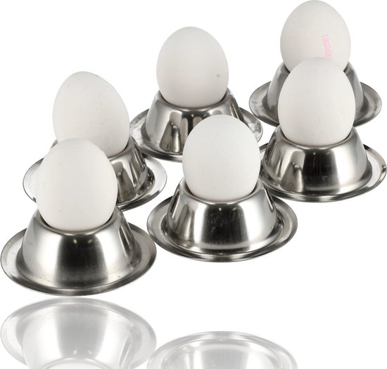 Eierdopjes RVS set van 6 - Stapelbare zilveren eierdopjes met voetjes - Rond servies voor ontbijt en pasen - Diameter 8,5cm, Hoogte 3,5cm