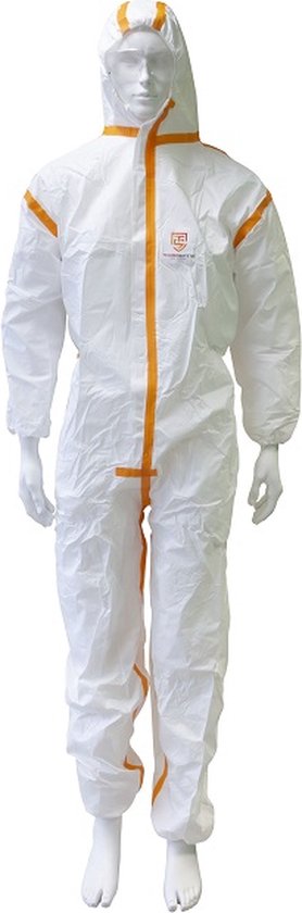 Combinaison jetable blanche avec accents orange, manches longues, capuche et fermeture éclair.