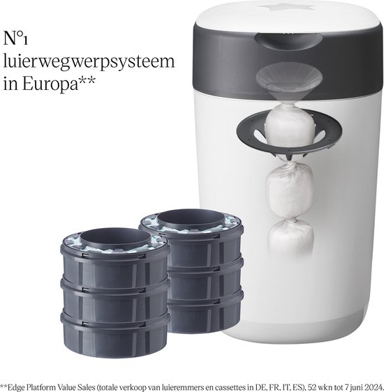 Tommee Tippee Twist & Click luieremmer starterset, 6 navullingen (cassettes) met meerlaags antibacterieel folie, 100% gerecycled frame, wit
