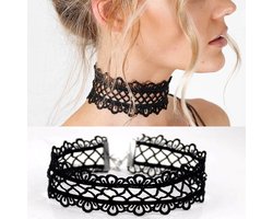 BukkitBow – Choker Ketting / Halsband – Gothic Sieraden – Textiel – Bloem Design – Unisex - Zwart