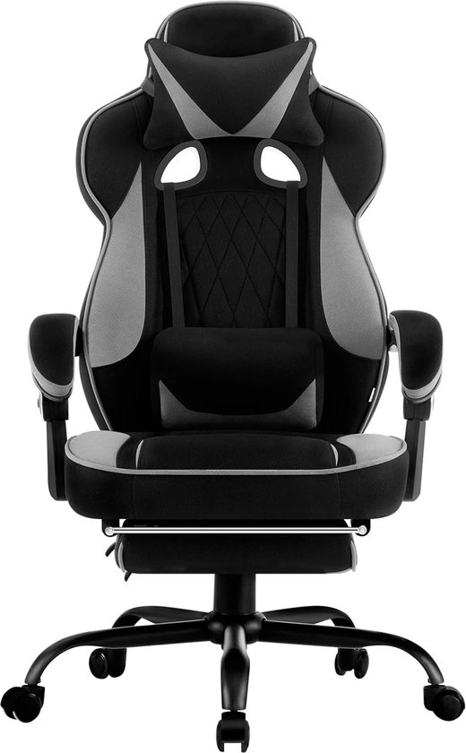 Devoko Led-gamingstoel met massage, voetensteun en lendenkussen, ergonomisch, met verstelbare hoofdsteun, belastbaar tot 180 kg, wit