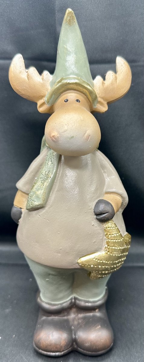 Kerstbeeldje Rendier met ster - polyresin - meerkleurig + goud - hoogte 23 x 9 x 6 cm - Kerstdecoratie - Woonaccesoires - Kerst accessoires