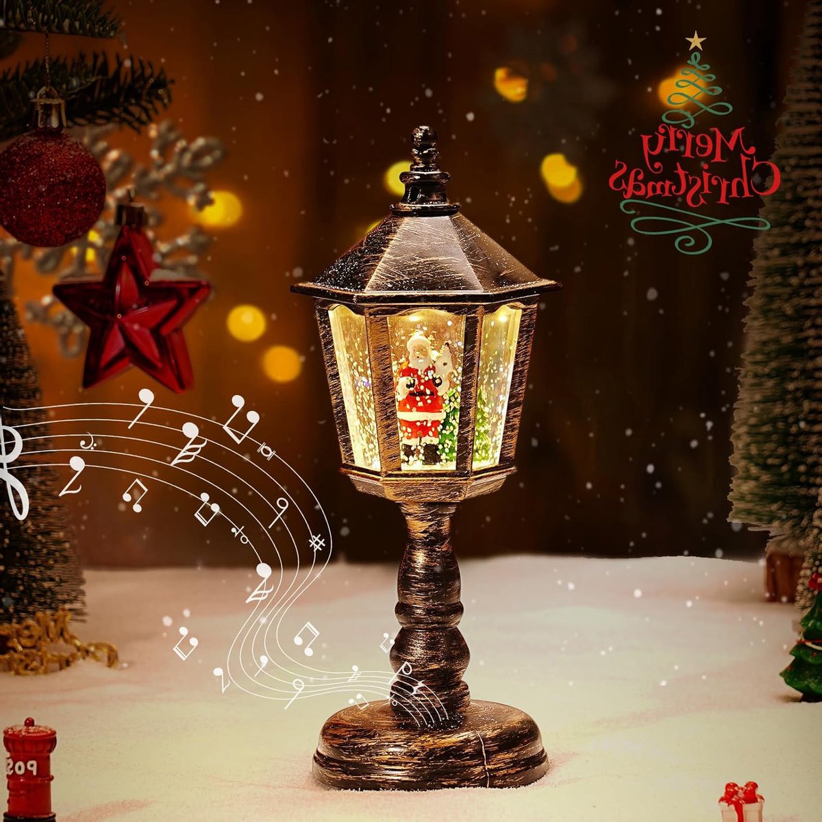 oCreon Kerst Lantaarn Sneeuwbol met Muziek - Vintage Water Glinsterend Nachtlampje - USB & Batterij