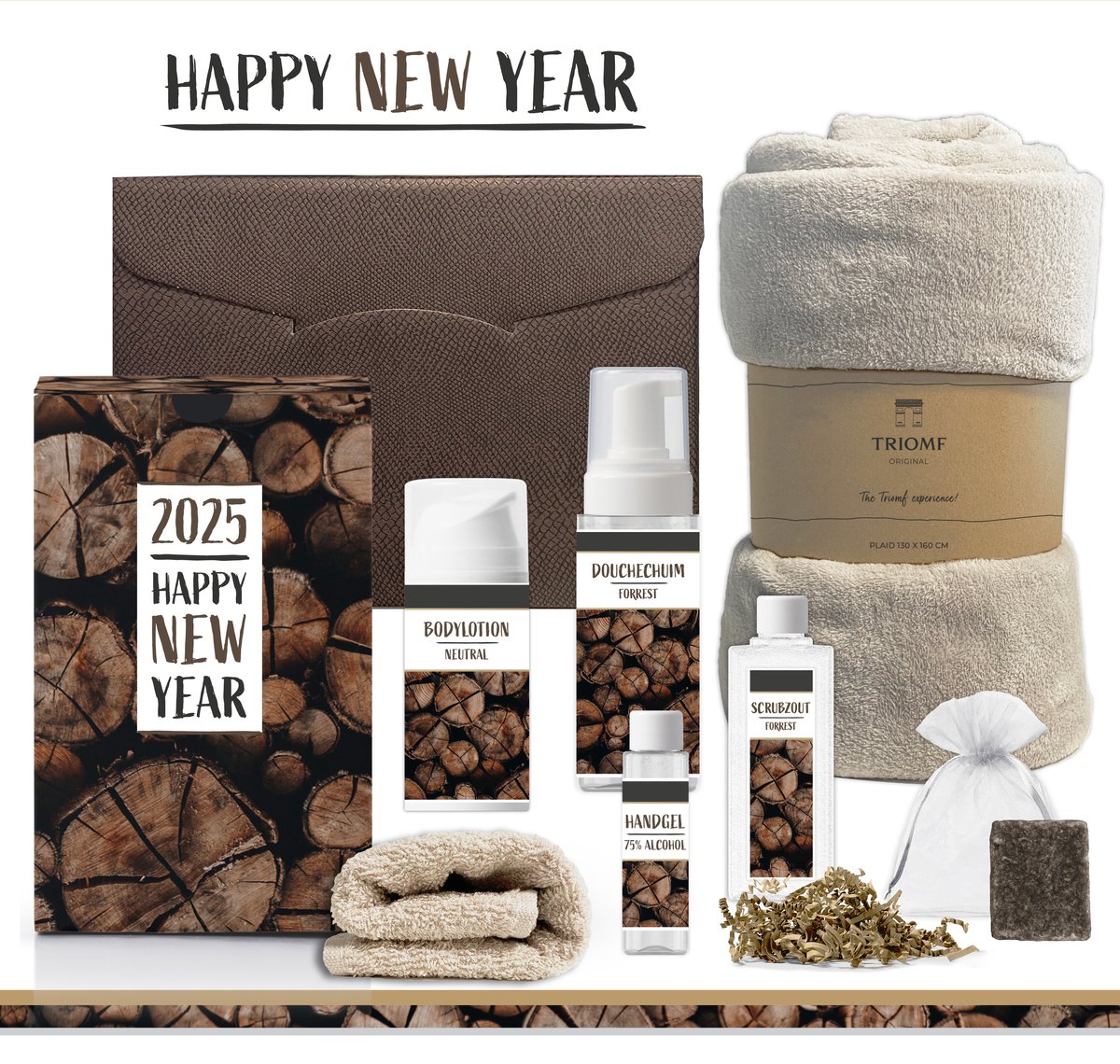 Goedkoopste Geschenkset Happy New Year 2025 - 7 Producten - 1400 gram | Luxe wellness Giftset - Cadeau Gelukkig Nieuwjaar Feestje - Eindejaarsgeschenk man vrouw - Pakket fijne Jaarwisseling - Gift Set Party Oud Nieuw - Beste Wensen -Forrest Boomstam Hout Crème
