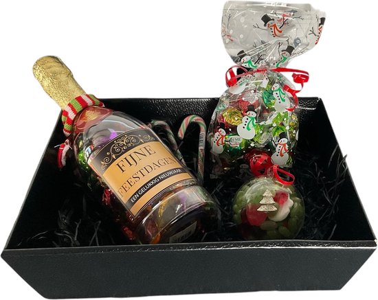 Kerst - Kerstpakket - Champagnefles met Toffeemix - Zakje met Sorini Bonbons - Kerstbal met snoep - Cadeauverpakking