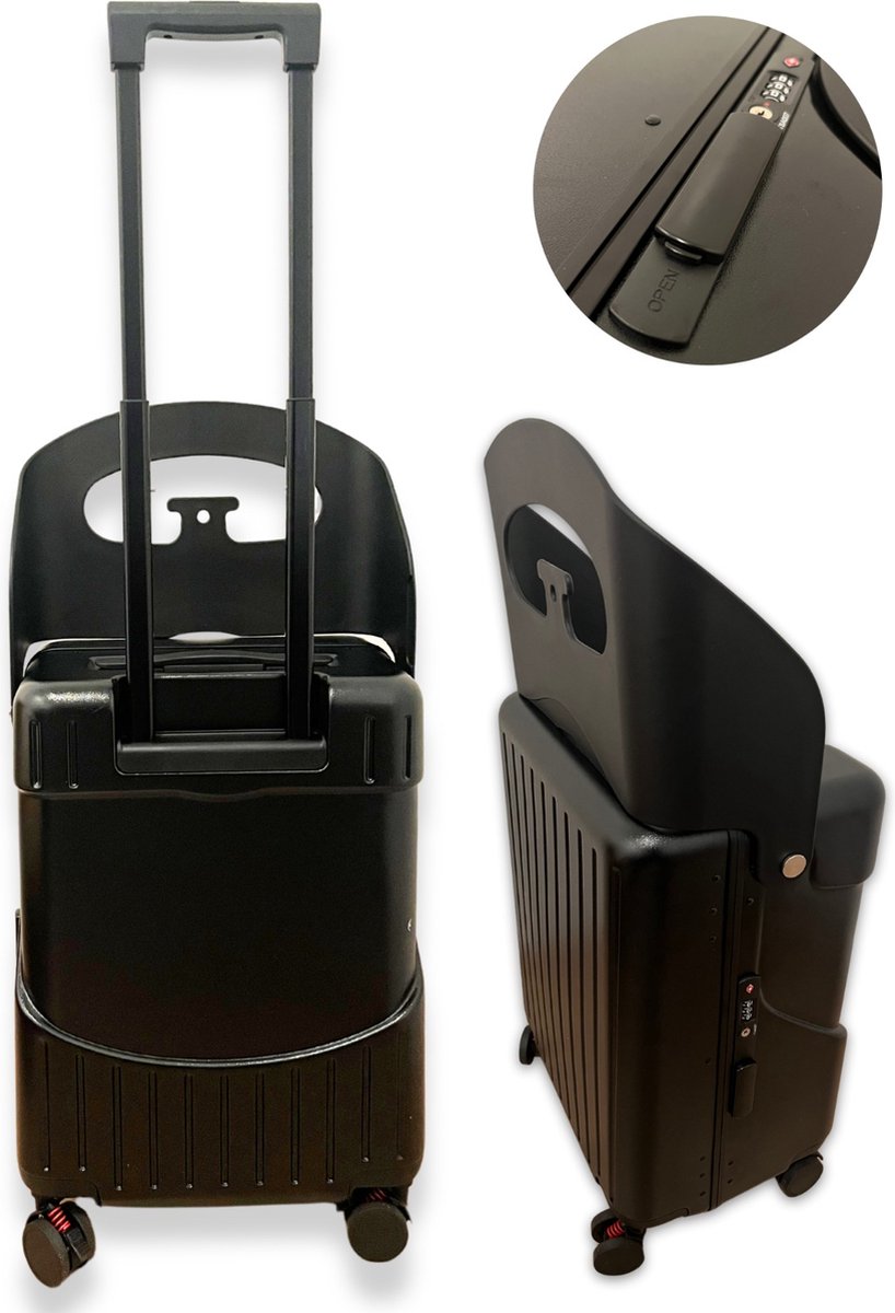 Deluxness® - Zwarte 2-in-1 Zitkoffer - Kinderzitkoffer – Compacte Cabine 2-in-1 Koffer met Zitfunctie – Verstelbare Opbergruimte van 40 Liter – Ruime Openingscapaciteit – Handige Bagage met Meerdere Compartimenten - TSA-slot