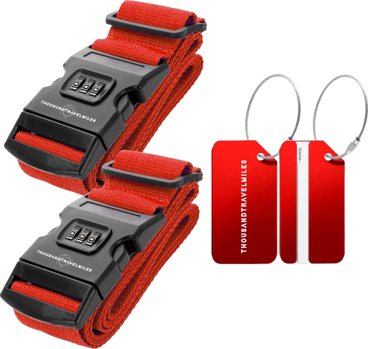 Bol.com Kofferset 4 delig – Kofferriem met cijferslot – Aluminium bagagelabels – Bagageriem – Kofferlabels – Rood – Thousandtrav... aanbieding