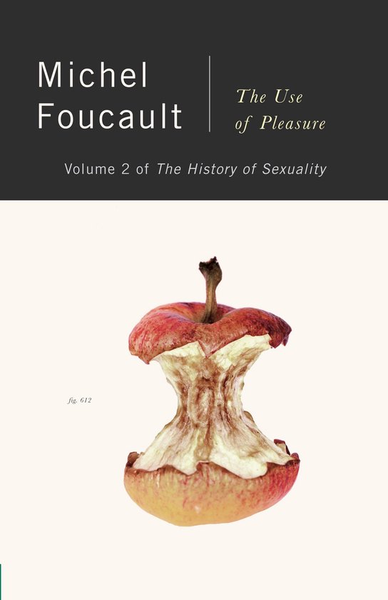 De kaft van 'The Use of Pleasure, Volume 2 of The History of Sexuality' van Michel Foucault toont een uitgeholde appel met rode en gele tinten.