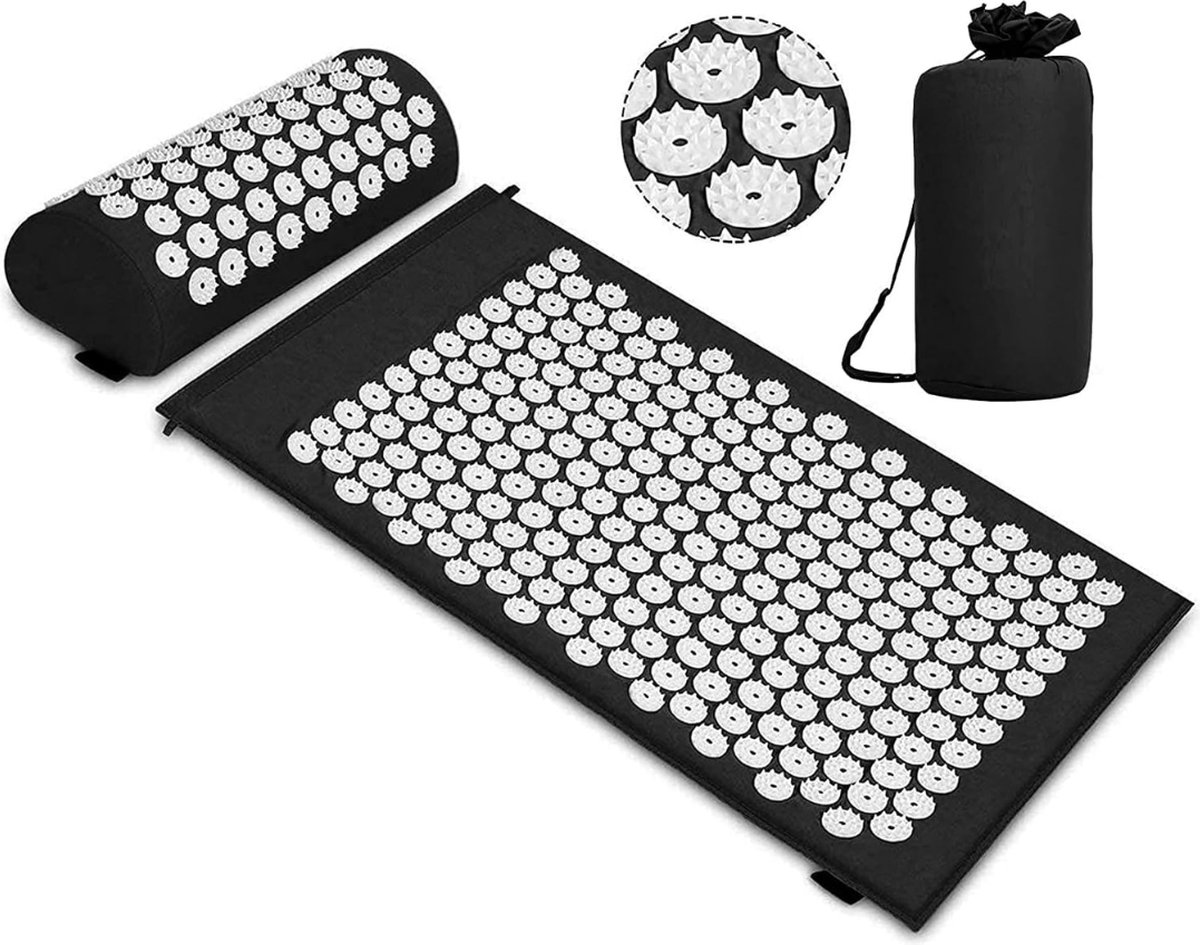 Goedkoopste Goodivery ® - Acupressuur mat - Rustgevende ontspanning en massage - Verlichting van rugpijn - 63L x 39W x 2Th cm - Zwart-wit