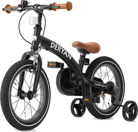 Deryan Luxe Kinderfiets 14 inch - 3 in 1 - loopfiets - Zwart