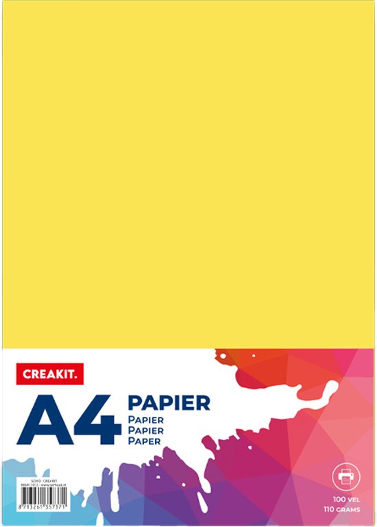Paquet de papier jaune A4 avec logo CREAKIT. 100 feuilles, 110 grammes.