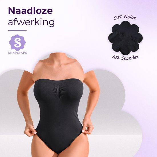 Zwarte strapless body met de tekst 'Naadloze afwerking' en materiaalsamenstelling 90% nylon, 10% spandex.