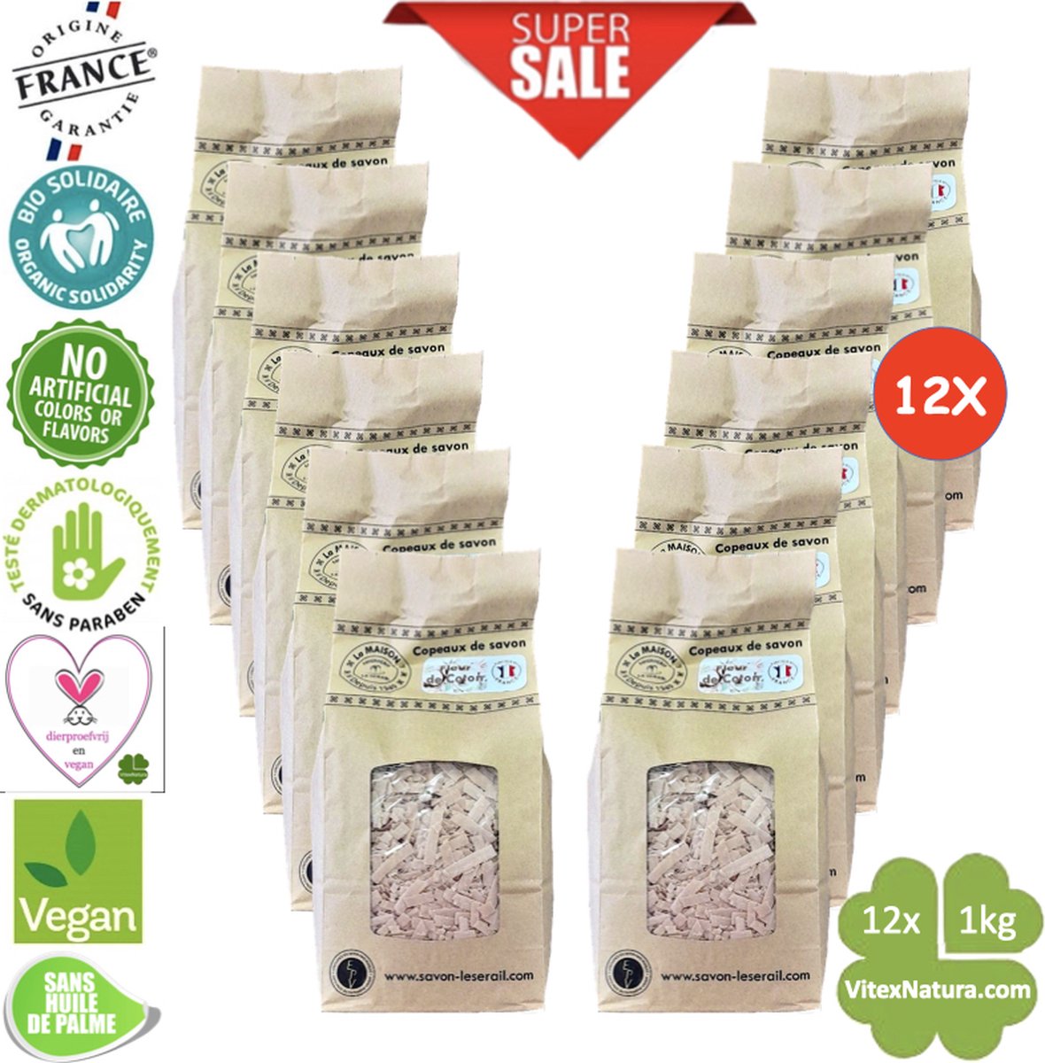 Goedkoopste Marseille zeepvlokken katoenbloesem | 12x 1 kg | Zuinig Ecologisch Milieuvriendelijk Hypoallergeen | Zonder conserveermiddel Zonder kleur | Le Serail