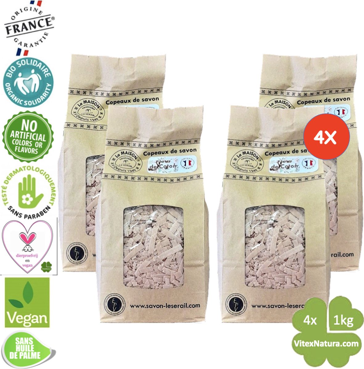 Goedkoopste Marseille zeepvlokken katoenbloesem | 4x 1kg | Zuinig Ecologisch Milieuvriendelijk Hypoallergeen | Zonder conserveermiddel Zonder kleur | Le Serail