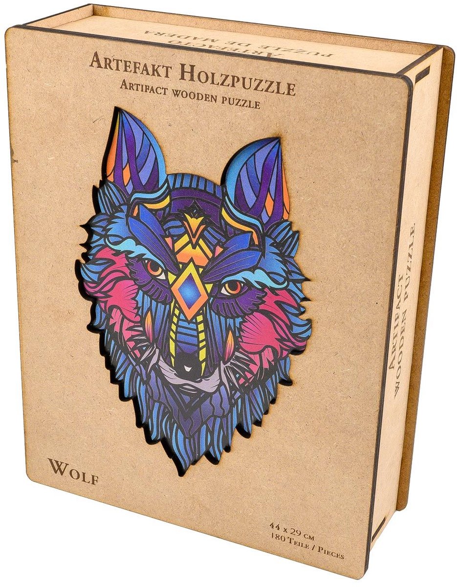Philos houten puzzel dieren 2 in 1 Wolf 180 stukjes in houten box.