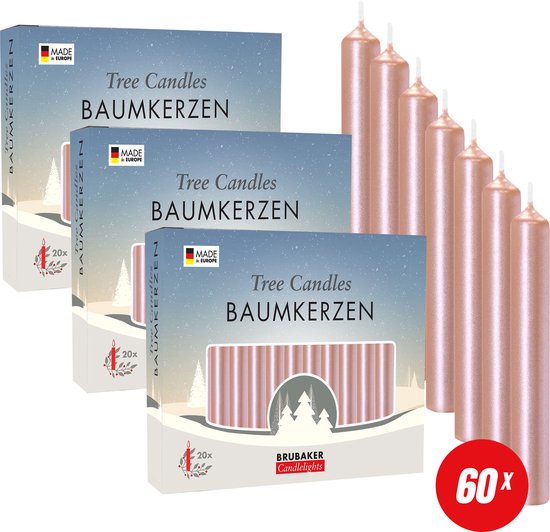 BRUBAKER 60 Stuks Boomkaarsen Was - Rose Goud - Kerstkaarsen - Piramidekaarsen - Kerstboomkaarsen - 95/12.5 mm – Kaarsen - Kaarsjes