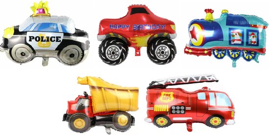 Auto ballonnen set - Folie ballonnen - Helium - Leeg - Politie - Brandweer - Trein - Kiepwagen - Monstertruck - Ballonnen - Auto's - Cars - Auto ballon - Versiering - Thema feest - Verjaardag - Kinderfeest