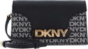 Zwarte DKNY crossbody tas met logo-print en goudkleurige 'DKNY' letters.