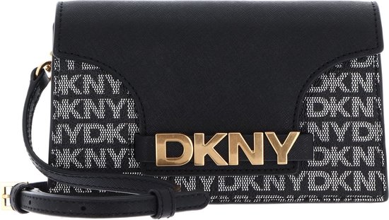 Zwarte DKNY crossbody tas met logo-print en goudkleurige 'DKNY' letters.