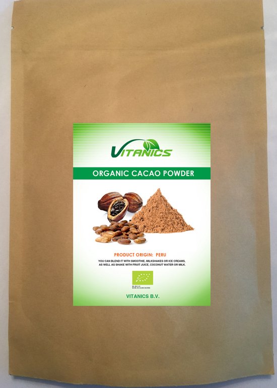 Vitanics biologisch cacaopoeder in bruine verpakking met etiket met cacaobonen en poeder.