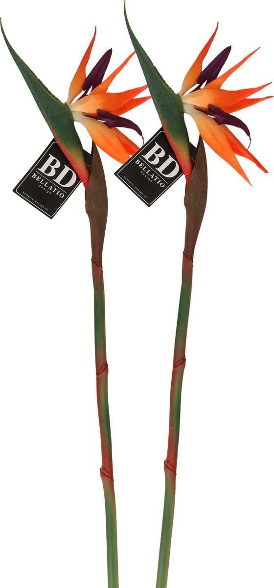 Bellatio Design Kunstbloem Strelitzia - 2x - 84 cm - losse steel - kunst zijdebloem - Paradijsvogelplant Oranje