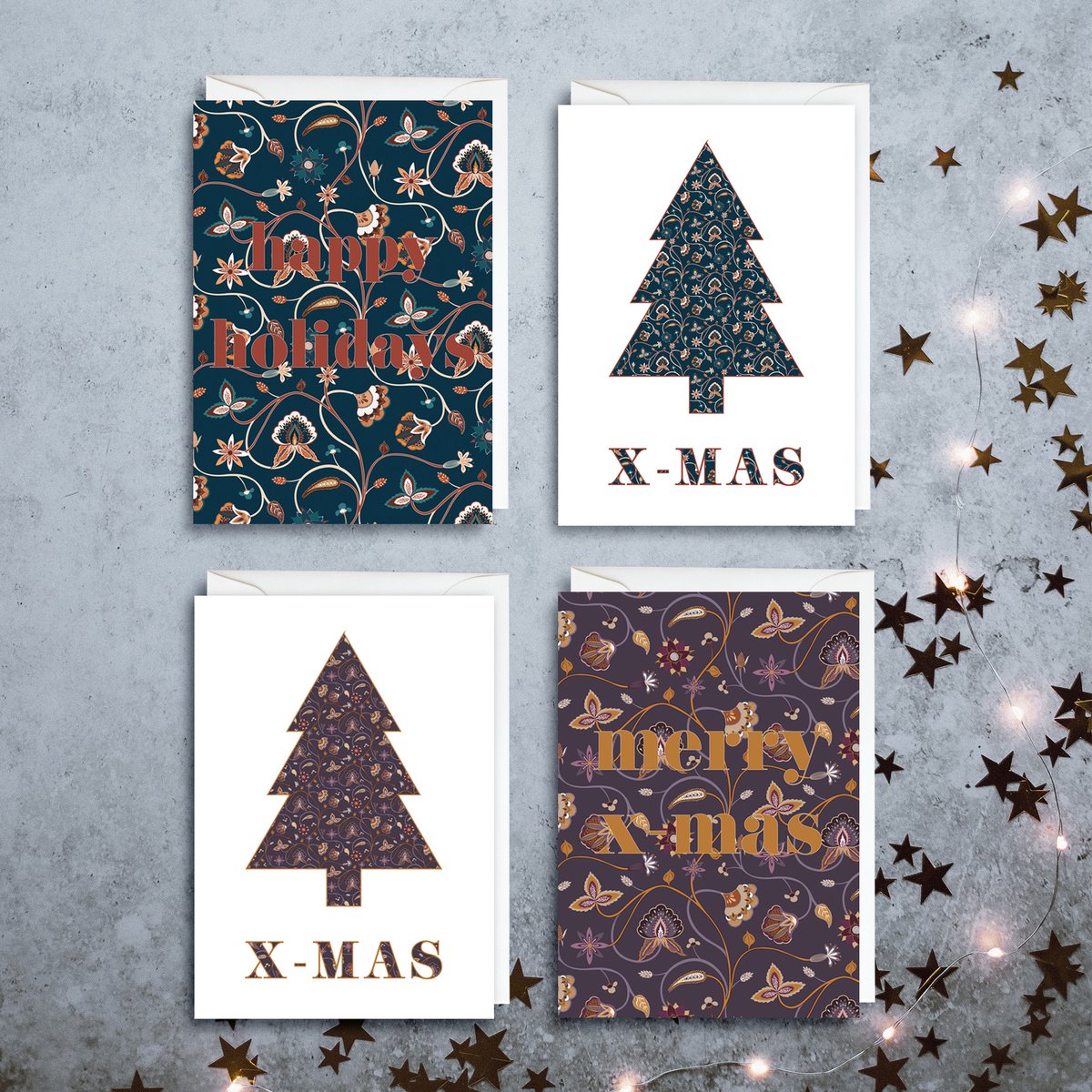 Kerstkaarten set van 4 stuks - 4 unieke kerstkaarten - A6 formaat - met witte envelop