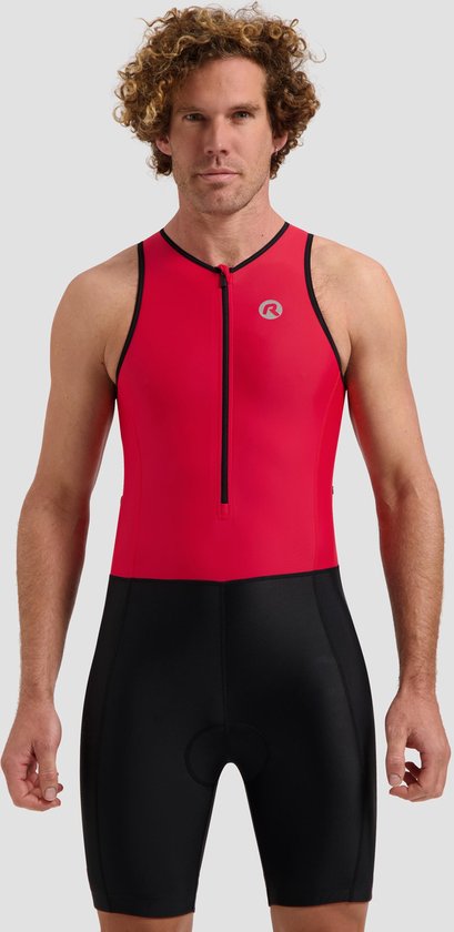 Man in rood met zwart mouwloos trisuit met ritssluiting en Rogelli logo.