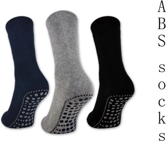 Foto: Marco rossi 3 paar huissokken anti slip antislip sokken gripsokken full terry volledig badstof werksokken abs zwart grijs blauw maat 43 46