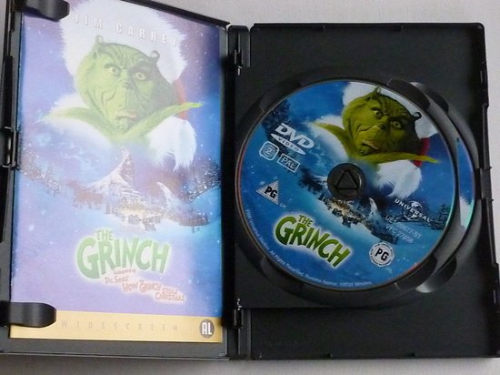 Open DVD-hoes met de "The Grinch" DVD en de hoes, met de Grinch en Jim Carrey.