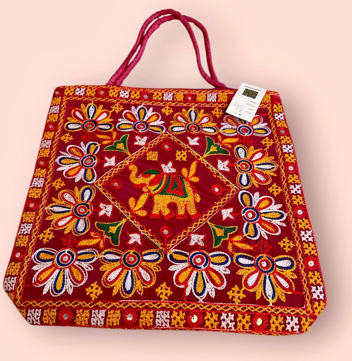 Schoudertas - Vedantan - Damesschoudertas - 40 x 40 cm - Katoen - Kleurrijk borduurwerk - Etnisch Cadeau - Kerst - Feest - WeekendTas - Shopper - Reistas - Tote bag -Draagtas - Ritssluiting