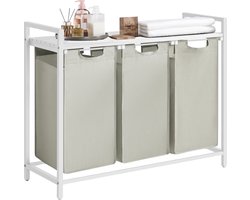 O'DADDY® Wasmand 3 Vakken - Uitschuifbare Wassorteerder met Plank - 114 Liter - 92.5 x 33 x 71 cm - Verstelbare Pootjes - Makkelijk te Monteren - Veelzijdig en Stijlvol Metaal - Wit