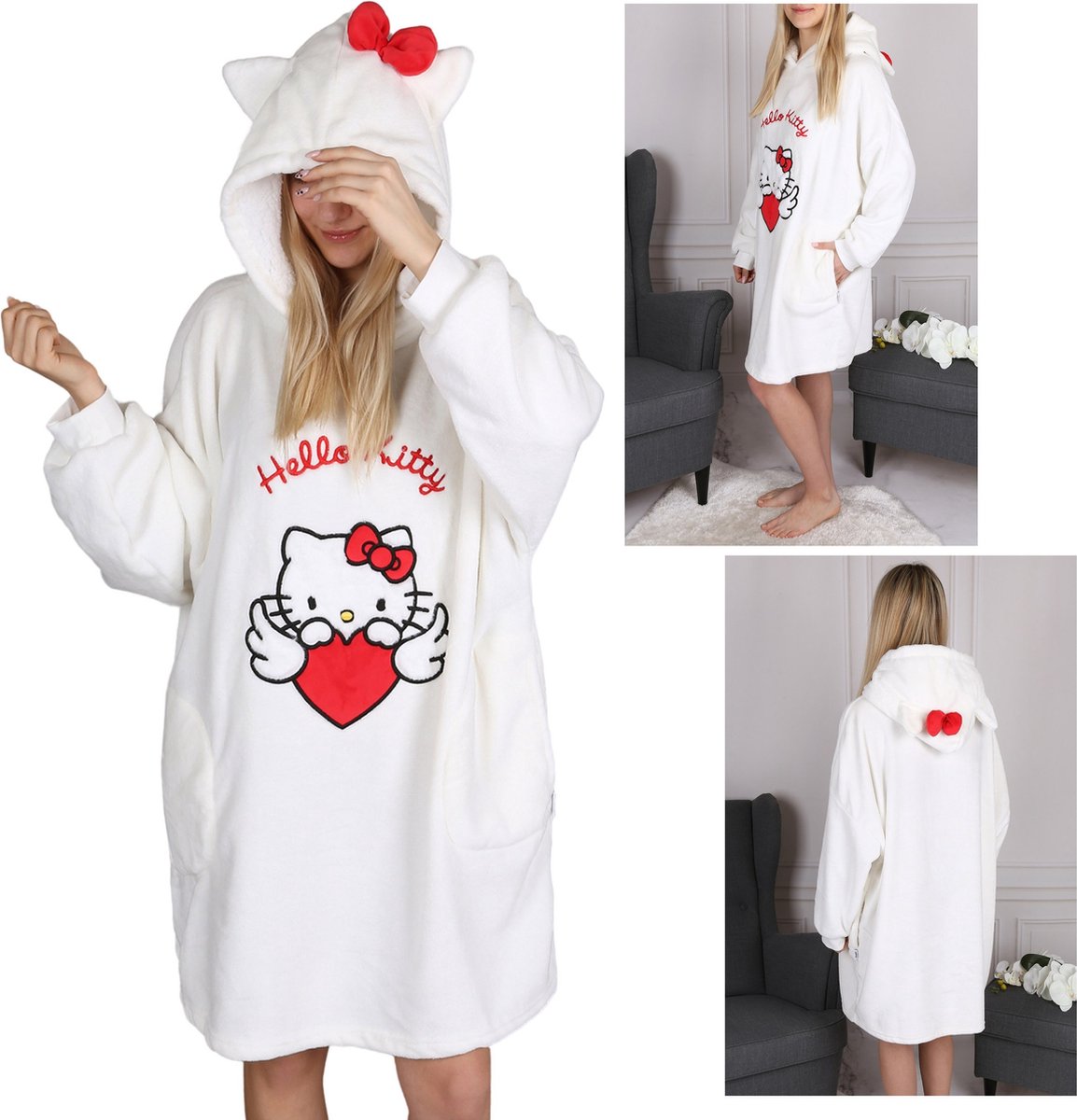 Hello Kitty dames sweatshirt/jas/deken met capuchon snuddie warm zacht Wit