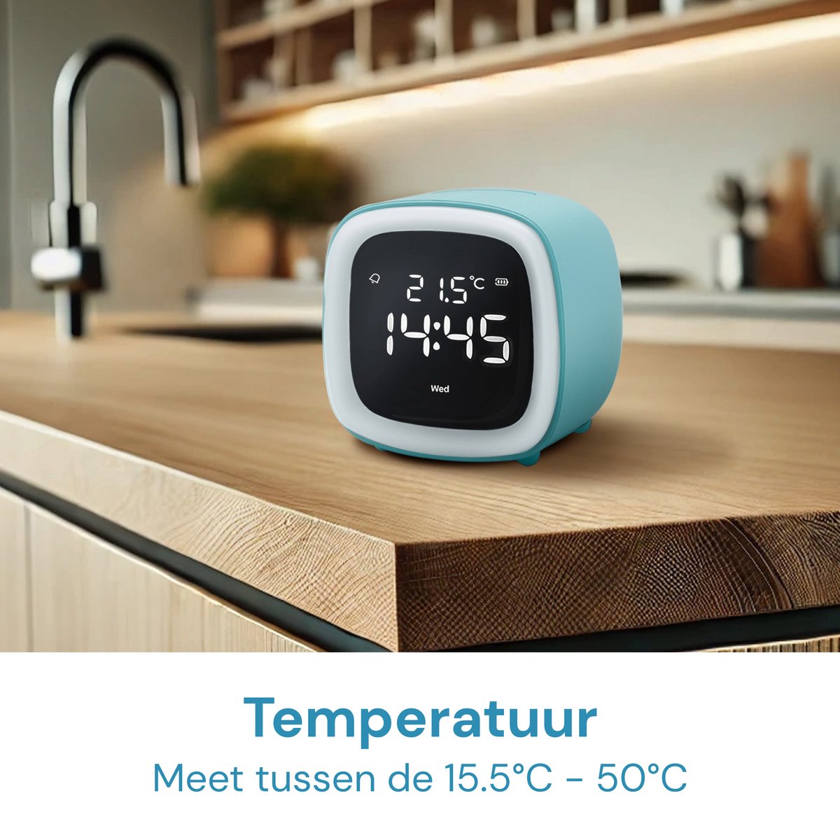 JustAnotherProduct AP18 - Oplaadbare digitale wekker met licht (3 standen) - Alarm klok met temperatuur (15.5°C tot 50°C) - 12/24h Alarm clock - Nachtlamp - Licht blauw — cadeau in Gadgets - foto 3